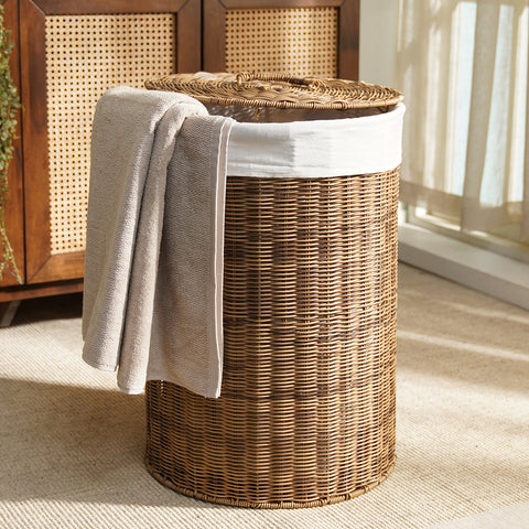 Natural Round Heather Wicker Bin with Lid