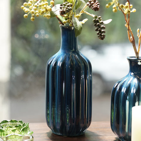 Dark Blue Ribbed Tall Ceramic Vase - Large