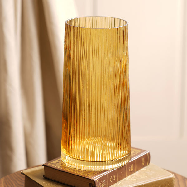 Light Brown Ribbed Cylindrical Glass Vase - Large