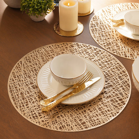 Set of 2 Gold Metallic Round Woven PVC Placemats
