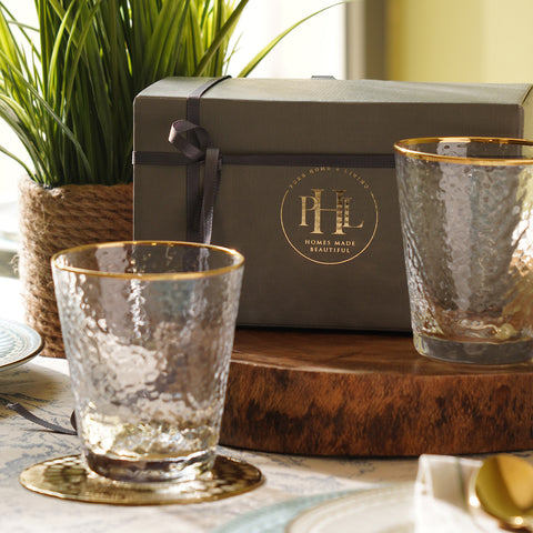 Set of 2 Clear Hammered Drinking Glasses with Gold Rim