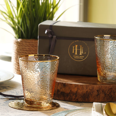 Set of 2 Gold Hammered Drinking Glasses with Gold Rim