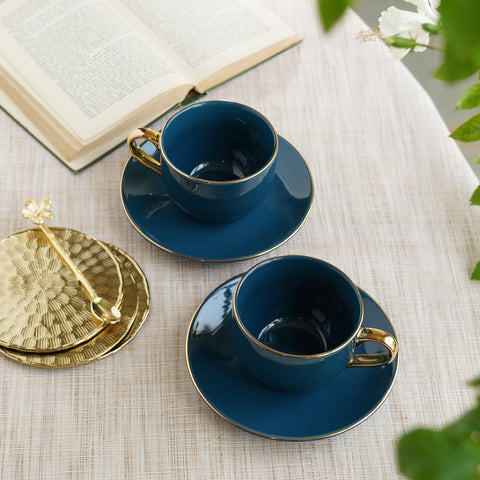 Set of 2 Dark Blue Senorita Tea Cups and Saucers