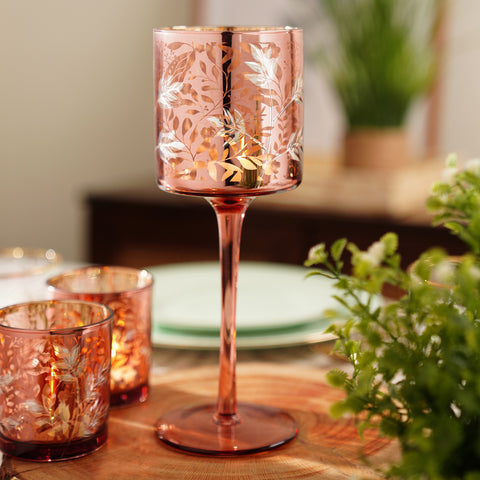 Pink Floral Pattern Glass Stem Candle Holder - Large