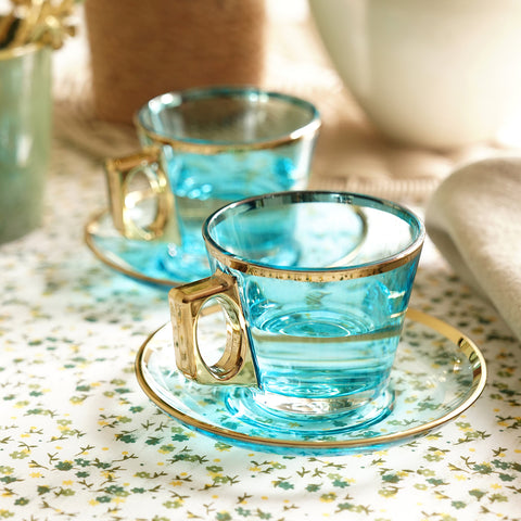 Set of 2 Blue & Gold Rim Glass Tea Cups & Saucers