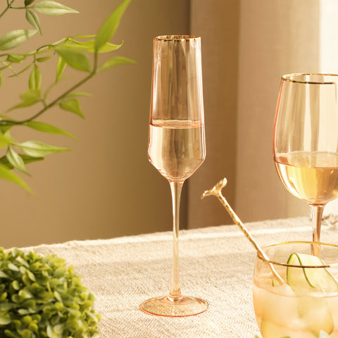 Set of 2 Light Brown Ribbed Glass Champagne Flute