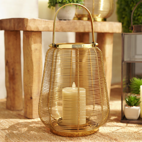 Gold Metal Round Lantern with Glass - Large