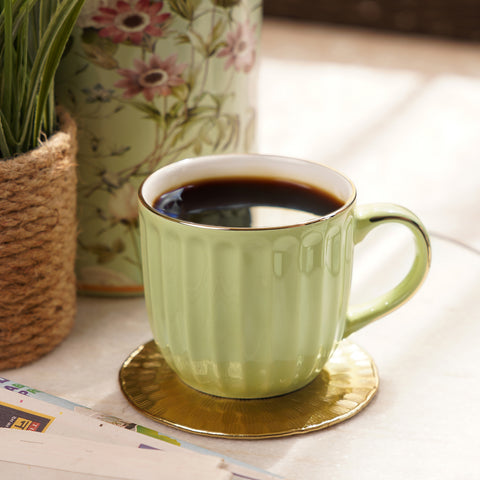 Set of 2 Green Ceramic Ribbed Coffee Cups