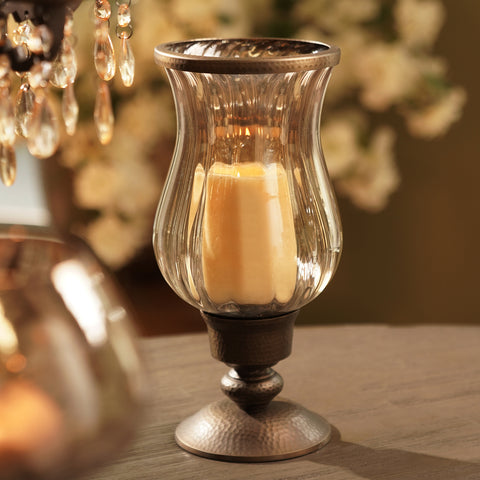 Brown Antique Glass Hurricane with Hammered Base