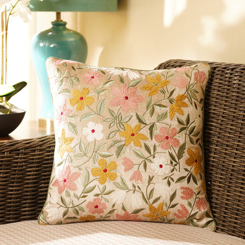 Beige & Green Floral Threadwork Square Cushion Cover