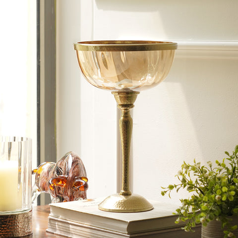 Amber Glass Decorative Bowl with Tall Stand