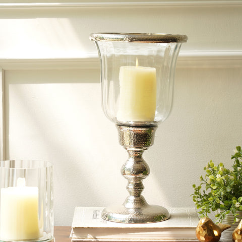Silver Hammered Tall Hurricane Candle Holder