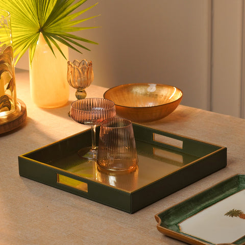 Dark Green Faux Leather Square Tray