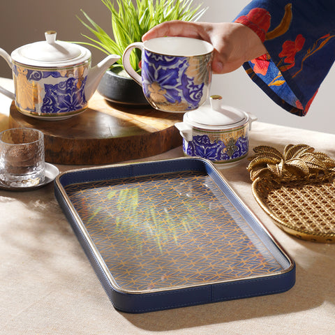 Blue Printed Glass Rectangle Faux Leather Platter - Large