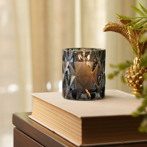 Set of 2 Grey Diamond Cut Glass Tealight Holder