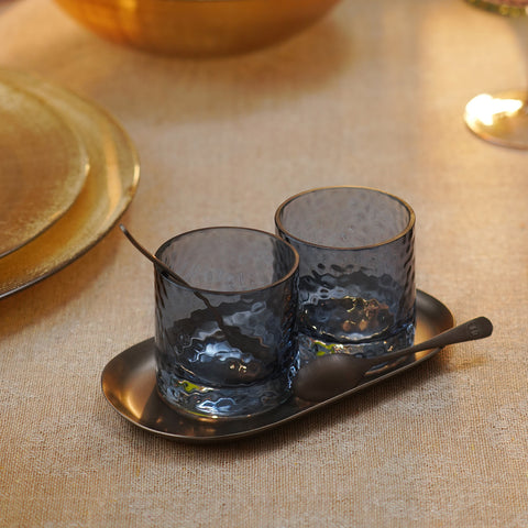 Set of 2 Navy Hammered Condiment Jars with Tray - Small