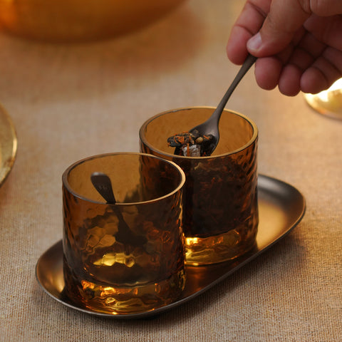 Set of 2 Amber Hammered Condiment Jars with Tray - Small