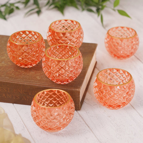Set of 6 Orange Diamond Texture Glass Votives