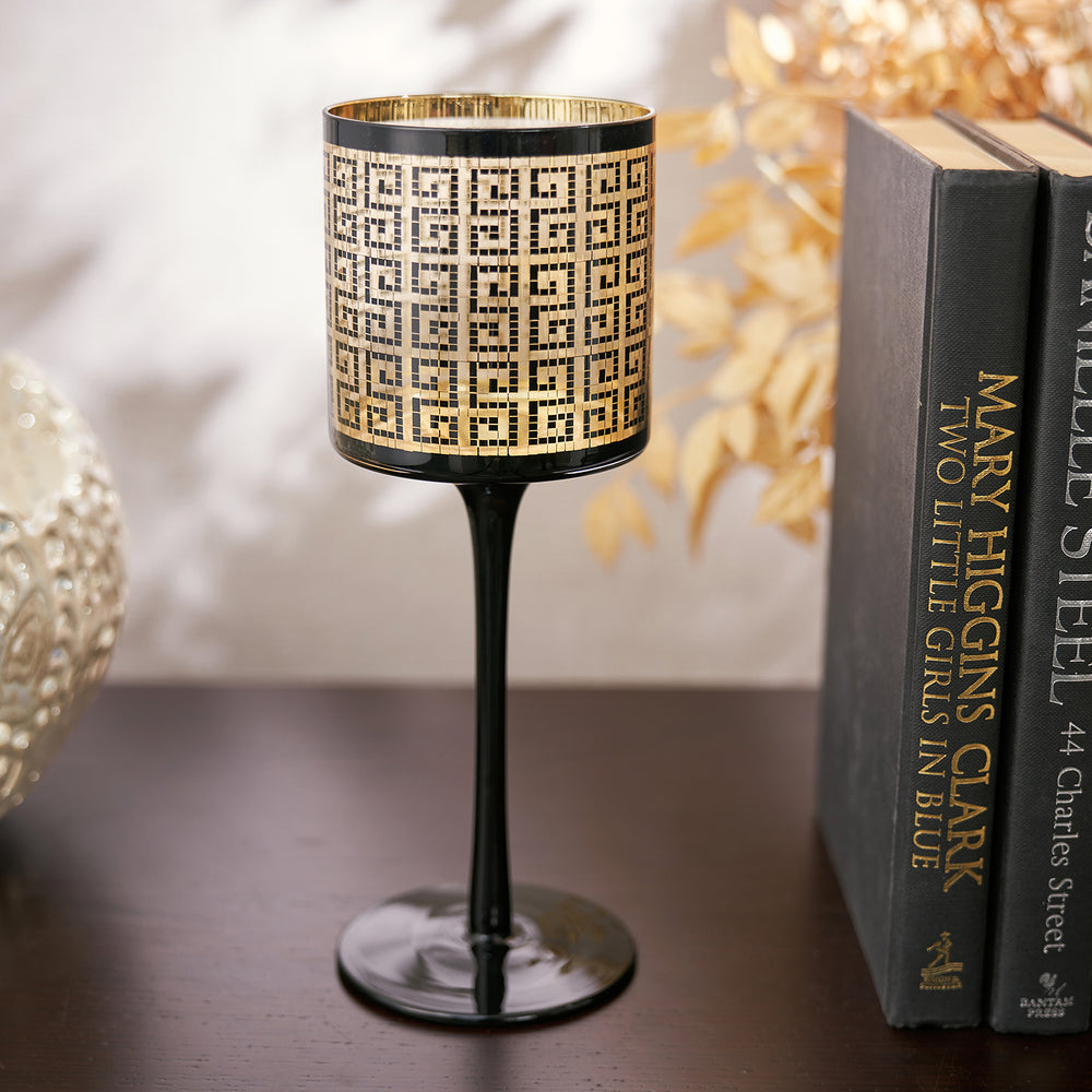 Black & Gold Patterned Glass Candle Holder - Large