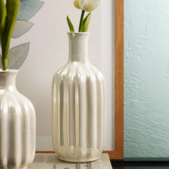 Ivory Pearl Finish Ribbed Ceramic Vase - Small