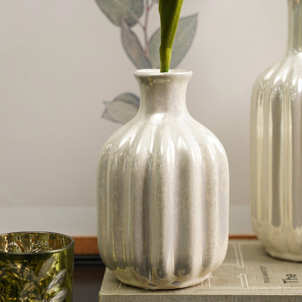 Ivory Pearl Finish Ribbed Ceramic Vase