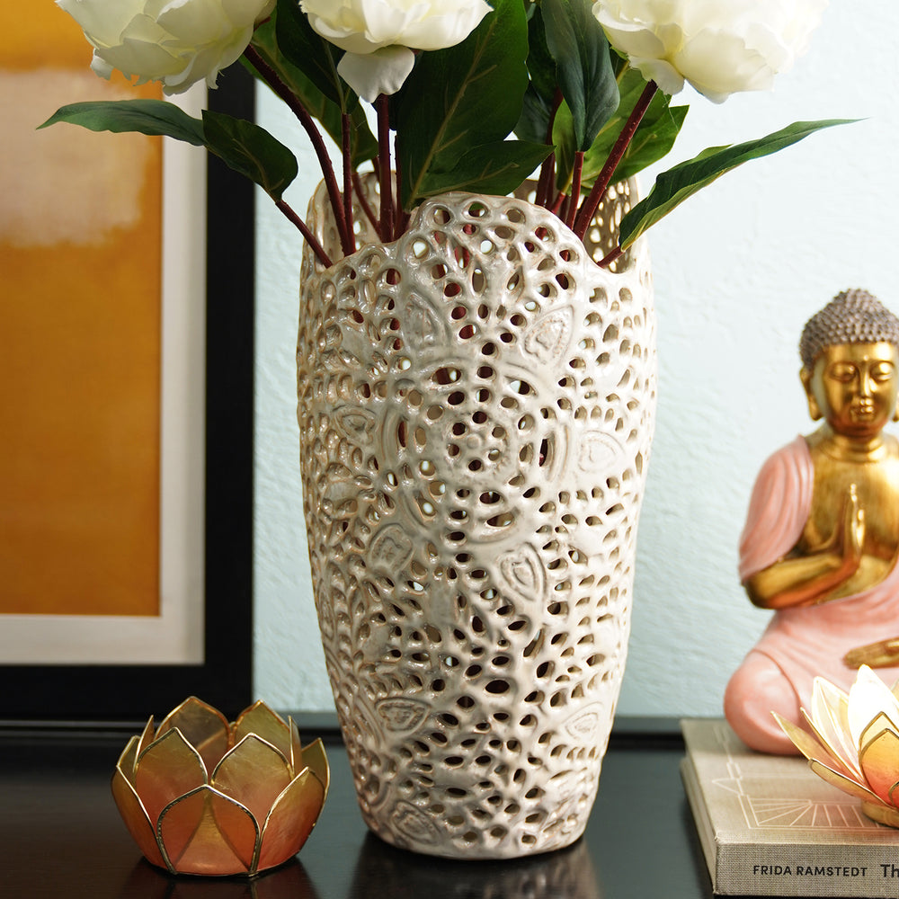 Ivory Pearl Finish Lattice Ceramic Vase - Large