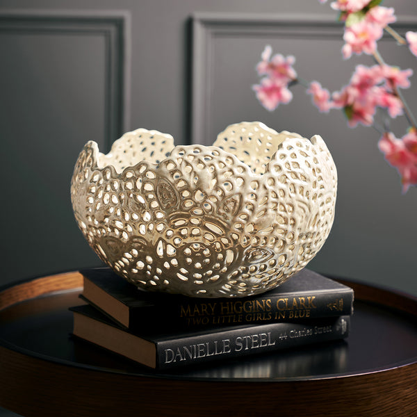 White Lattice Round Ceramic Vase - Small