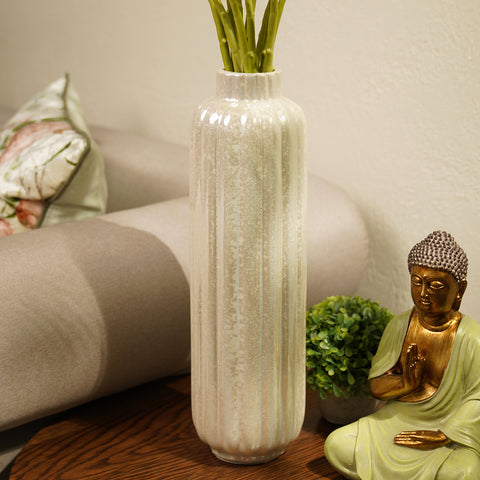Ivory Pearl Finish Tall Ribbed Vase - Medium
