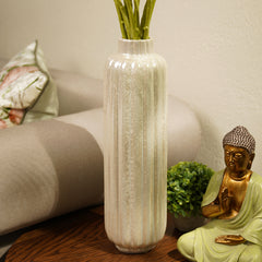 Ivory Pearl Finish Tall Ribbed Vase - Medium