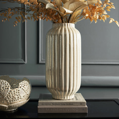 White Ribbed Ceramic Vase - Large