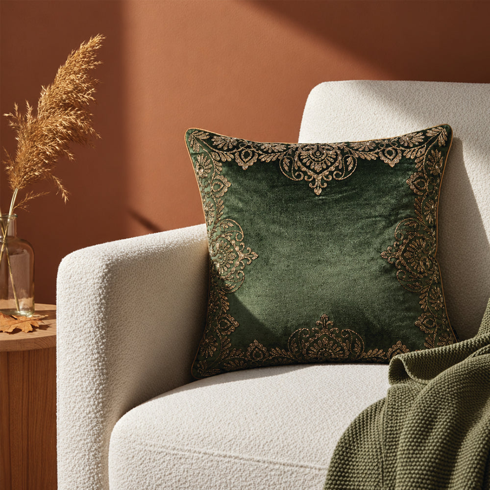 Green Embroidered Cushion Cover - 45x45 cm