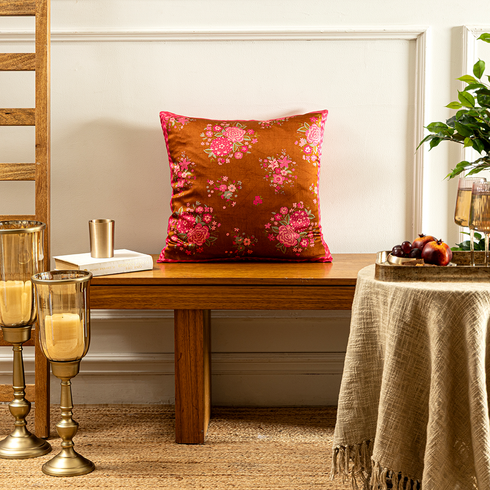 Crimson Bloom Red & Pink Linen Satin Cushion Cover