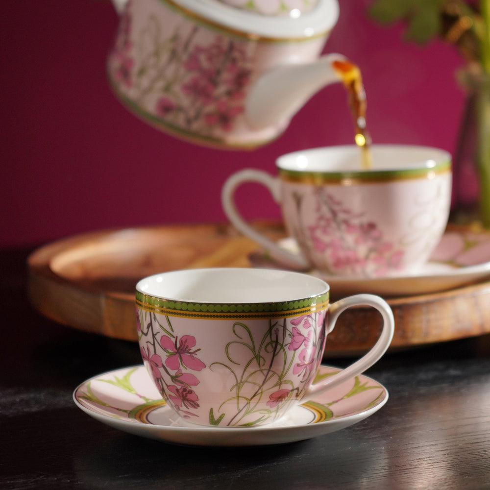 Set of 2 Red & Green Rosabay Print Tea Cups & Saucers