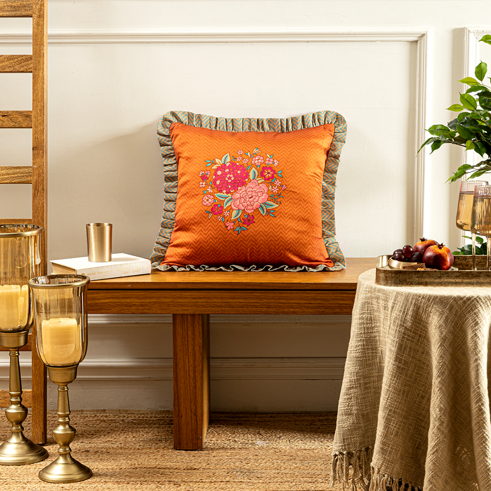 Marigold Bloom Orange Linen Satin Cushion Cover