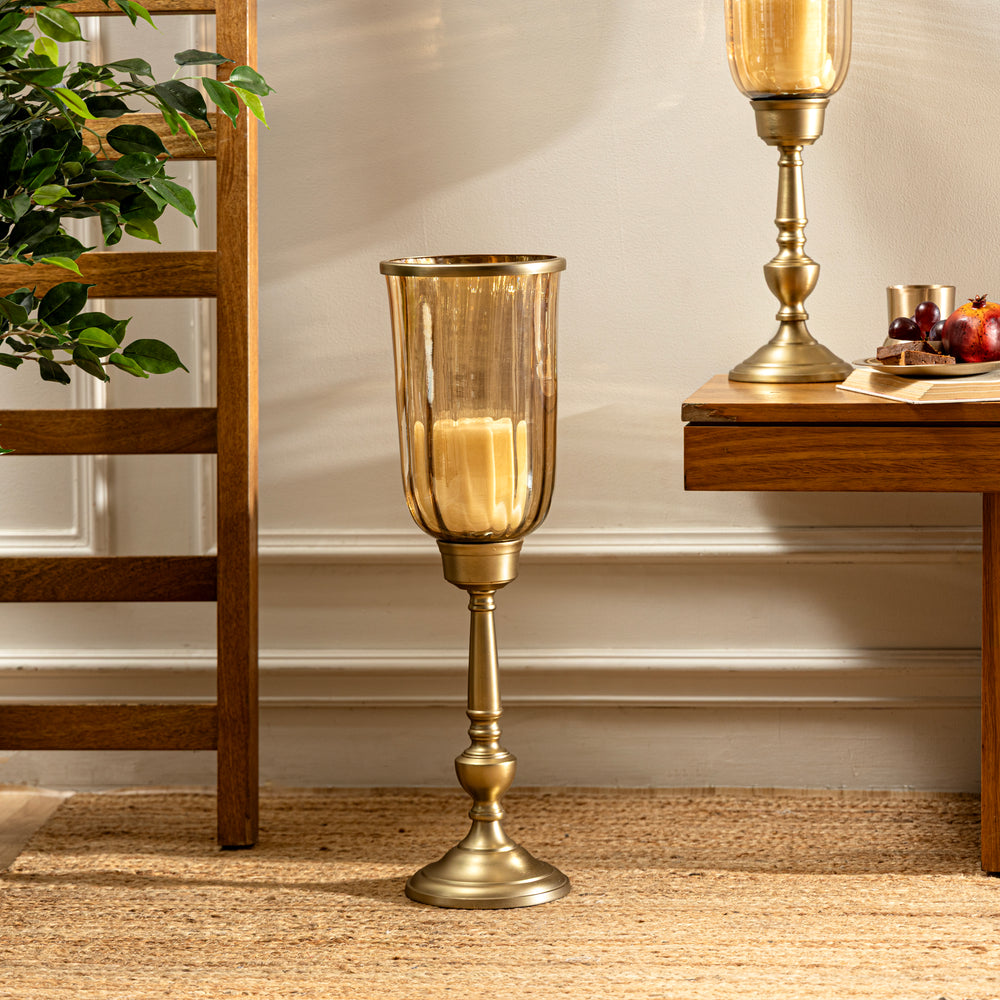 Matte Gold & Light Amber Lustre Glass Candle Holder - Large