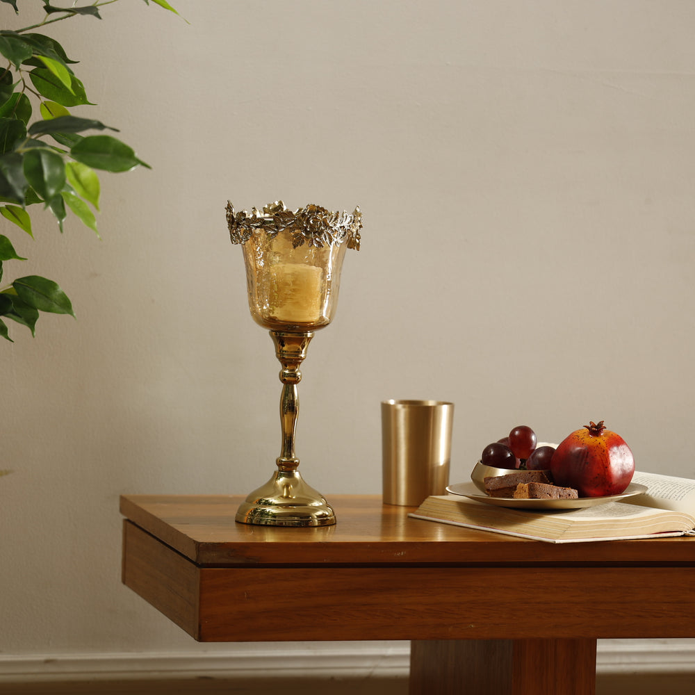 Light Amber Lustre & Gold Glass Tealight Holder - Small
