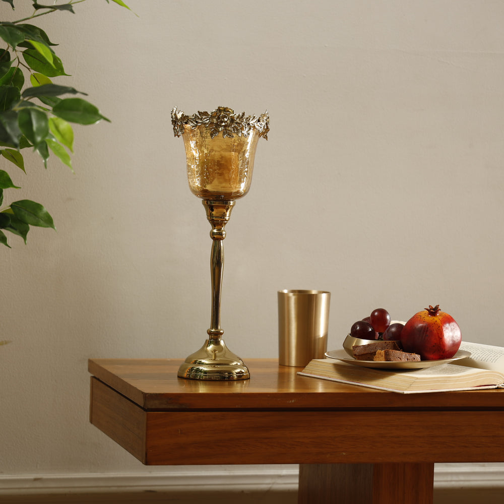 Light Amber Lustre & Gold Glass Tealight Holder - Large