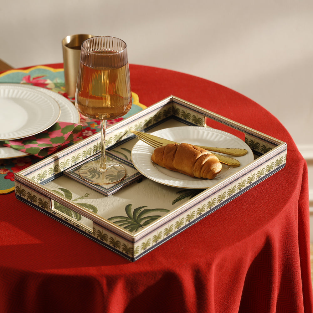 Palmero Beige & Green Faux Leather Rectangular Tray