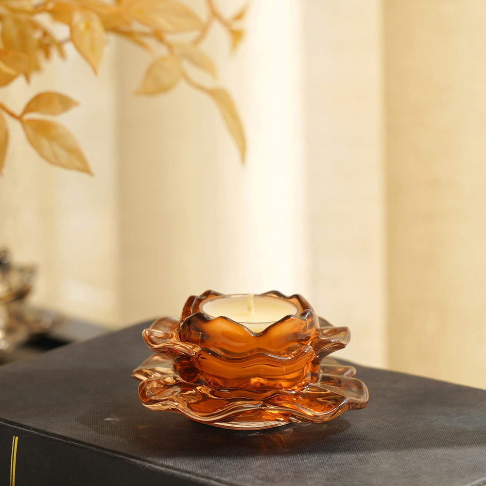 Set Of 4 Brown Patterned Floret Tea Light Holder