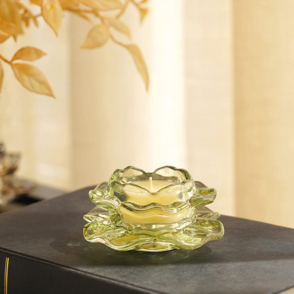 Set Of 4 Green Textured Glass Floret Tea Light Holder