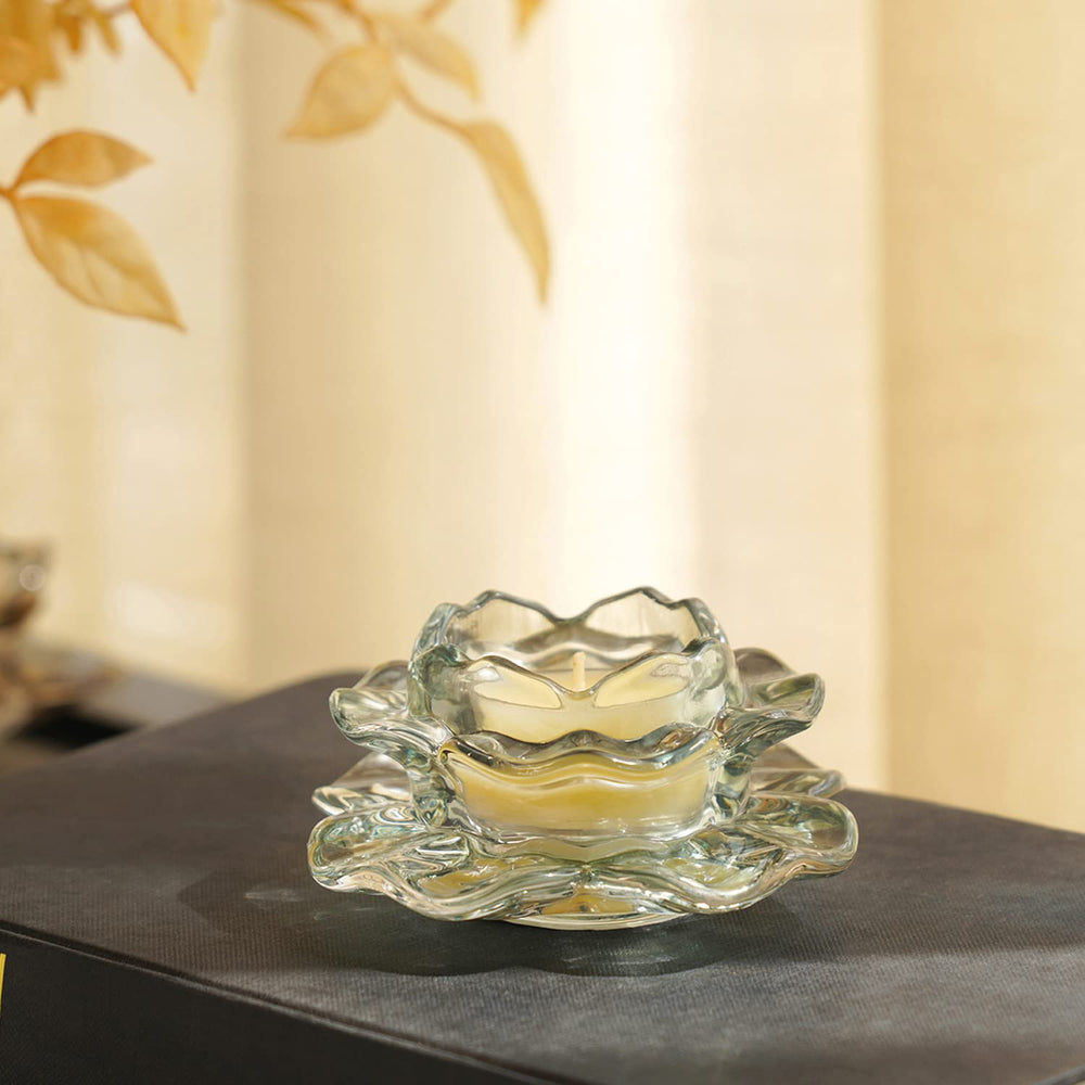 Set of 4 Aqua Blue Glass Floret Tea Light Candle Holder