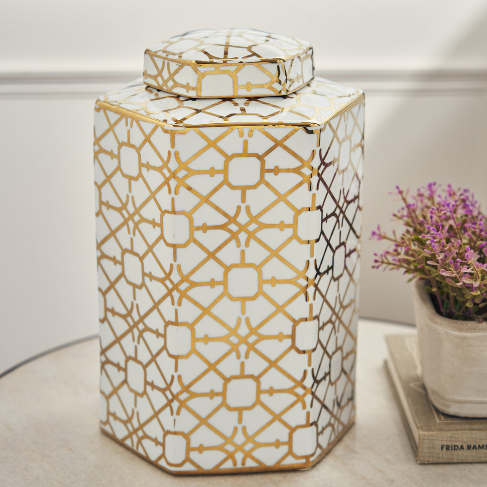 Ivory and Gold Pattern Canister - Large