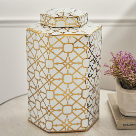 Ivory and Gold Pattern Canister - Large