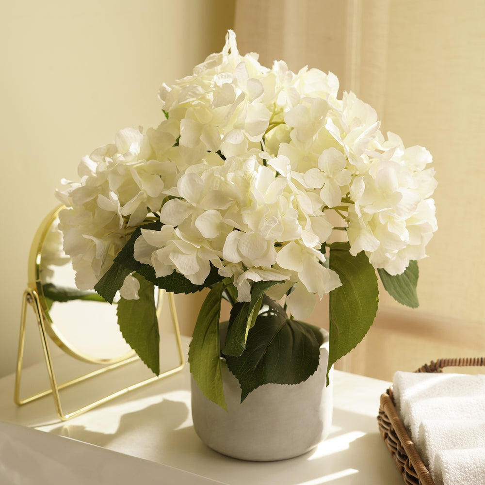 White Faux Hydrangea Bush With Cement Pot