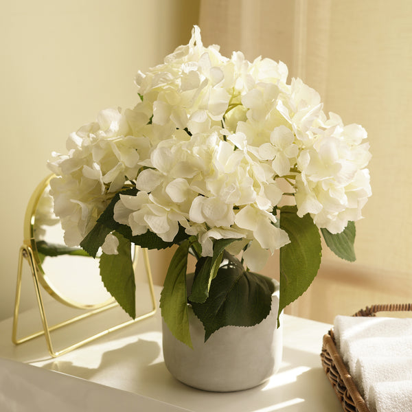 White Faux Hydrangea Bush With Cement Pot