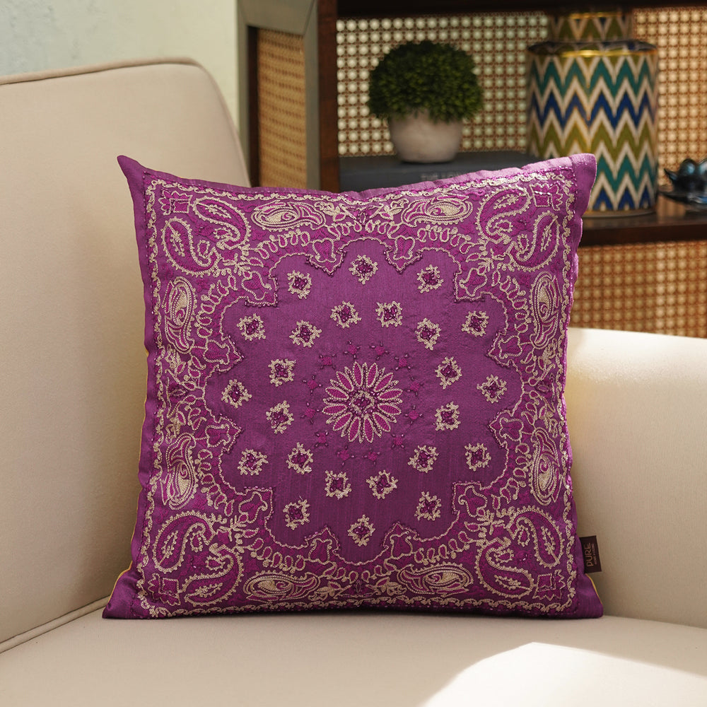 Purple Embroidered Cushion Cover