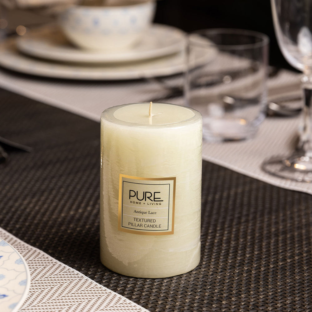 Large Ivory Antique Lace Pillar Candle