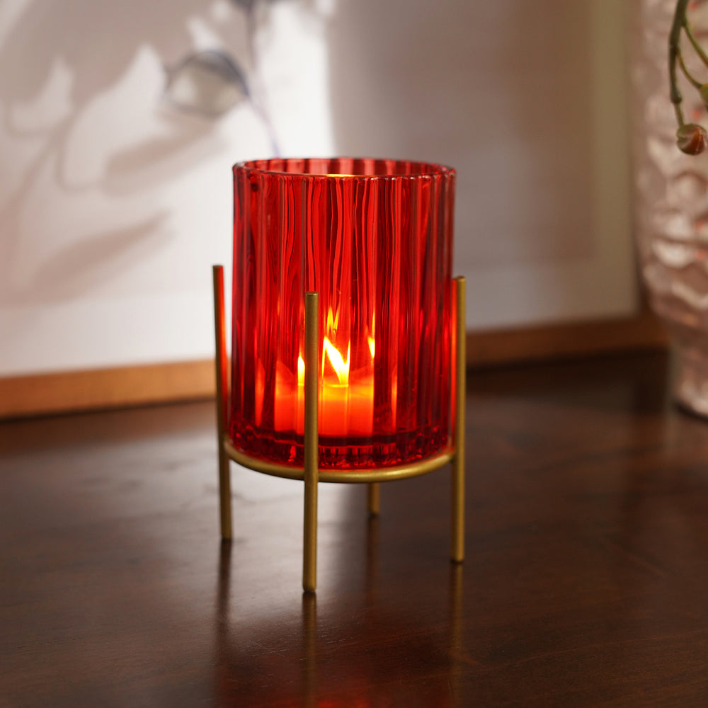 Set Of 2 Red Ribbed Hurricane with Metal Stand - Large