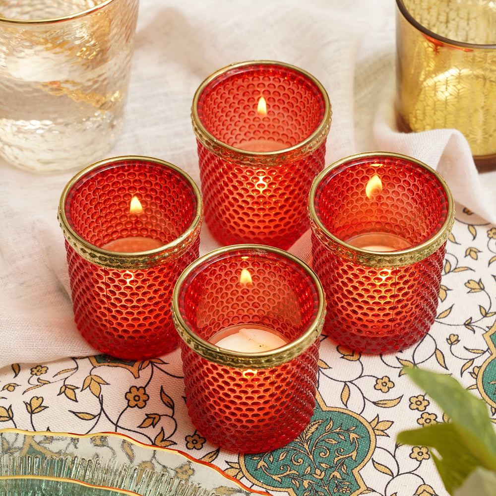 Set of 4 Red Dotted Votives with Rim