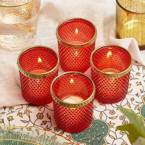 Set of 4 Red Dotted Votives with Rim